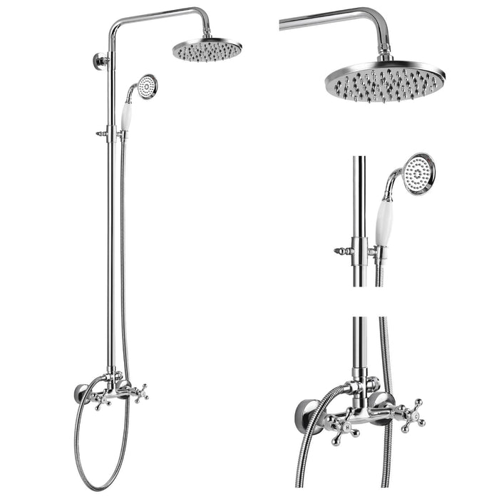 gotonovo Wall Mount Exposed Pipe Shower System 8 Inch Round Rainfall Shower Head Adjustable Telephone Handheld Sprayer with 2 Double Knobs Cross Handle Dual Function Bathroom Shower Faucet Set